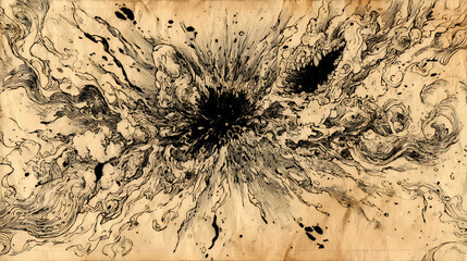 psychological thriller cover concept | inner war zone | trauma recollection | burned umber haze | asymmetric dispersal | mental unraveling | symbolic eruption | automatic linework | abstract myth