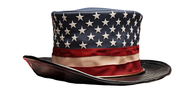 Classic American flag top hat, patriotic symbolism, stars stripes traditional, independence day festive, isolated on transparent background. - Powered by Adobe