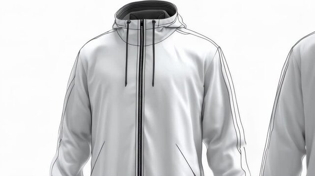 White athletic jacket with hood and black accent stripes, sportswear or outerwear mockup, front and back view of design