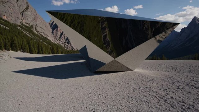 Futuristic mirrored structure in alpine valley reflecting mountains, sky and trees

