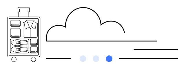 Luggage packed with essentials, cloud symbol, and progress dots representing travel preparation, organization, mobility, planning, efficiency, user interface, simple landing page