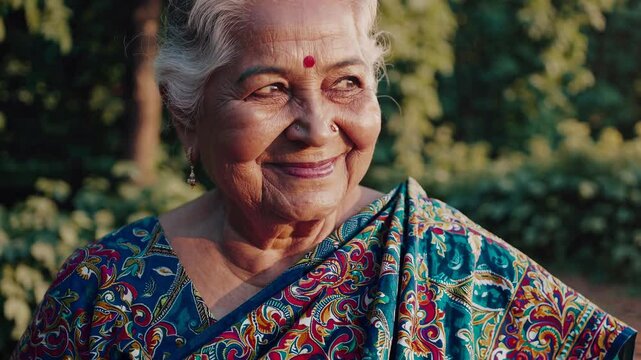 Elegant elderly woman in vibrant sari posing outdoors at sunset