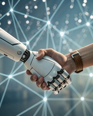Close-up of a humanoid robot hand shaking hands with a human hand, in front of a glowing AI neural network background. Clean, futuristic, high detail.