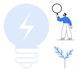 Oversized lightbulb, person with magnifying glass, and a stylized leaf symbolize innovation, research, and sustainability. Ideal for energy, eco-solutions, analysis, progress creativity green tech