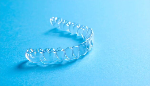 Clear plastic dental retainer on blue surface