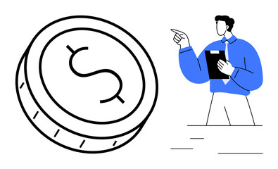Professional holding clipboard points at large dollar coin representing wealth. Ideal for finance, economy, planning, strategy, investment, growth, management. Minimal flat simple metaphor