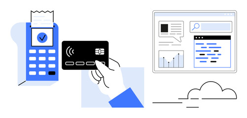 Hand holding a card near a payment terminal with receipt, digital dashboard on screen, cloud element. Ideal for fintech, e-commerce, payment systems, technology, online banking, retail simple