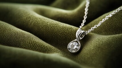 Shiny diamond pendant with twisted chain resting on olive green suede surface