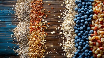 Macro banner view of oats flaxseed millet sprinkled evenly across textured wood clean modern feel usable negative space for web overlay