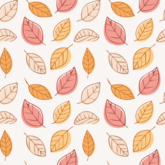 Obraz premium Pattern of leaves in various colors, including orange and pink, is spread across a white backgroun