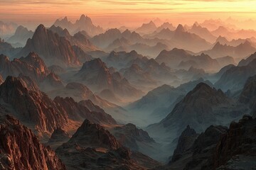 Naklejka premium Vast mountain landscape at sunset in soft orange tones