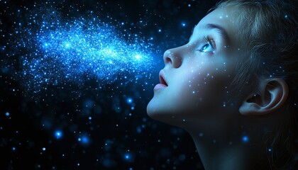 Obraz premium Child Exhaling Luminous Particles In Dark Night Magical Portrait
