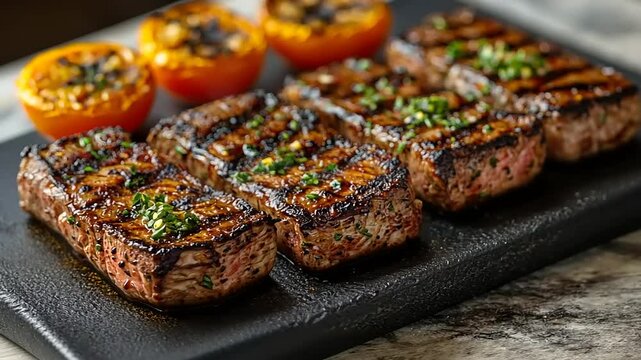 Delicious grilled steak fillet mignon with roasted tomatoes on a black stone board for dinner