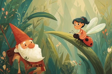 Fairy girl riding ladybug with gnome in forest illustration