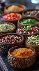 Fototapeta premium Portrait close up of curated spice mix handcrafted bowls