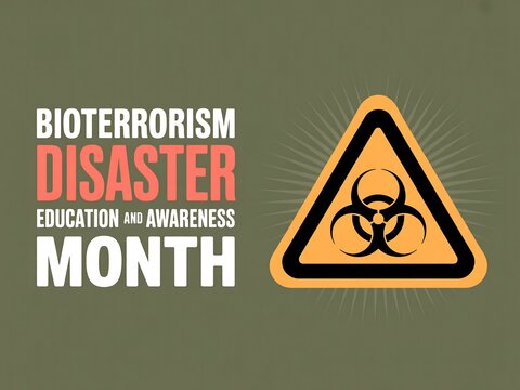 Bioterrorism disaster education and awareness month with biohazard symbol on a green background