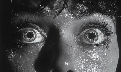 Close Up Of Wide Gray Eyes Displaying Fear And Shock, Glitter Texture, Black And White
