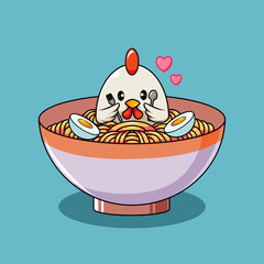 Cartoon Chicken Eating Ramen Noodles