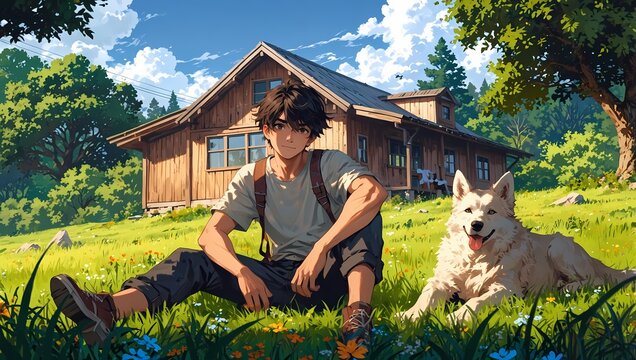 Anime boy with dog in front of a house, colorful HD wallpaper, cheerful scene for pet lovers and anime fans