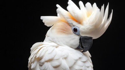 Close-up of a white crested cockatoo (cacatua alba) with umbrella crest looking directly at camera isolated on black background, exotic bird from indonesia with funny expression