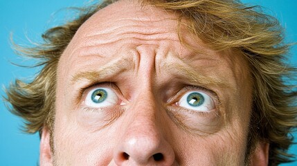 Close up Portrait of a Person with Wide Eyes and Messy Hair Against a Blue Background