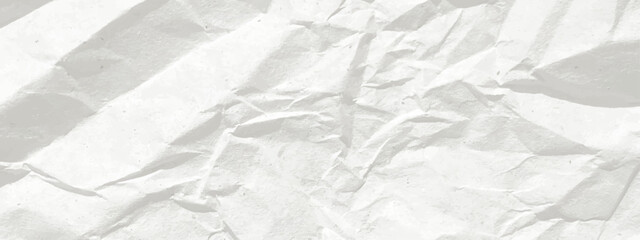 Crinkled paper texture. White crumpled paper horizontal banner. Old white wrinkled sheet background. Light gray long parchment bg. Back to school kids backdrop. Punk style collage template