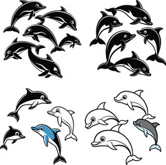 Naklejka premium Dolphin Cartoon and Silhouette Vector Collection – Cute Sea Animal Illustrations