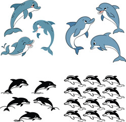 Obraz premium Dolphin Cartoon and Silhouette Vector Collection – Cute Sea Animal Illustrations