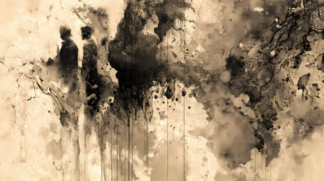 cover for surrealist anthology | identity implosion | existential blur | sepia dream tones | disjointed flow | liminal figures | freeform spill technique | automatic linework | post-war subconscious