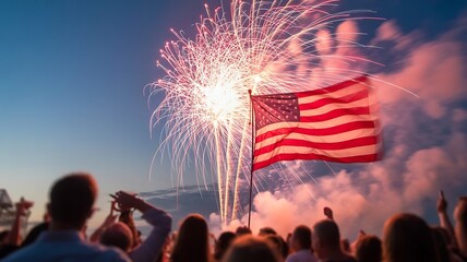 Celebratory fireworks display with the american flag and a crowd celebrating a patriotic holiday outdoors