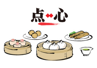 Chinese Dim Sum Set in Japanese Brush Style (Shumai, Soup Dumplings, Spring Rolls)