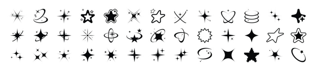 Aesthetic black sparkle y2k big collection. Stars, sparks, shine, galaxy, starburst retro set. Design shiny elements, shapes for a poster, banner, background, stickers. Vector illustration.