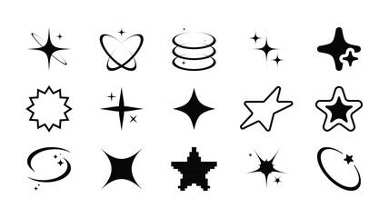 Aesthetic black sparkle y2k collection. Stars, sparks, shine, galaxy, starburst retro set. Design shiny elements, shapes for a poster, banner, background, stickers. Vector illustration.