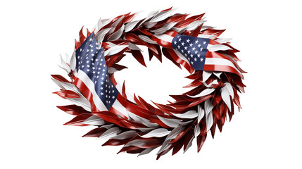 Patriotic flag wreath, red white blue decor, 4th July celebration, metal leaves, USA stars festive ornament, isolated on transparent background.