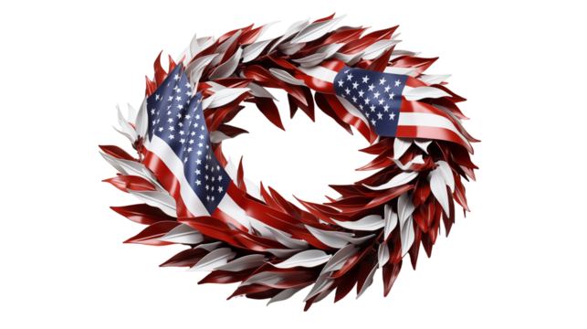 Patriotic flag wreath, red white blue decor, 4th July celebration, metal leaves, USA stars festive ornament, isolated on transparent background.