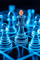 Illuminated Chess: Human Figures with Glowing Data Brains on Game Board with Cool Color Grading