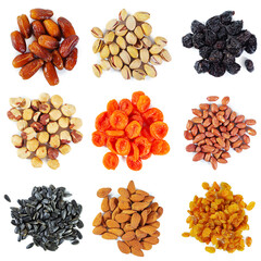 Set of nuts, seeds and dried fruits. Isolated on white background.