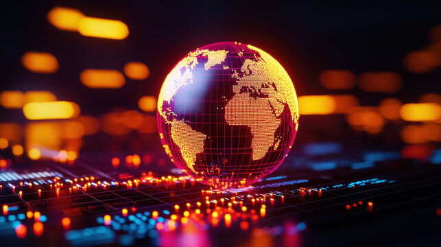Closeup of glowing digital globe representing global connectivity and technology, with vibrant colors and futuristic design