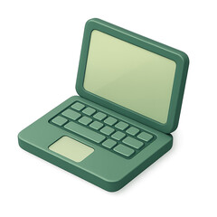 3D icon of a green open laptop with keyboard and blank screen, symbolizing portable computing, work-from-anywhere, and digital access.