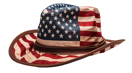 Patriotic cowboy hat, brown leather design, western USA style, vintage summer headgear, unique fashion accessory, isolated on transparent background.