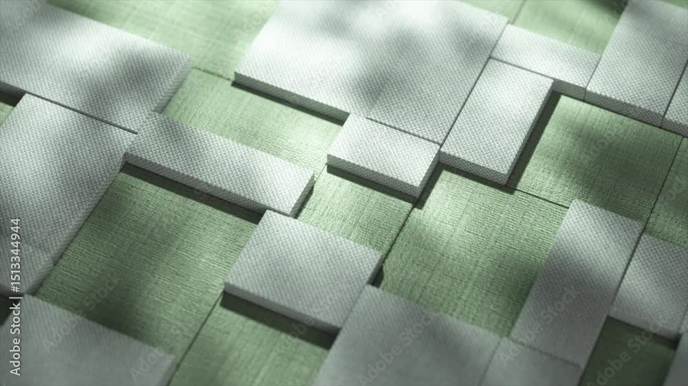 Poster geometric white rectangular blocks sliding seamlessly across textured green surface with shifting sh
