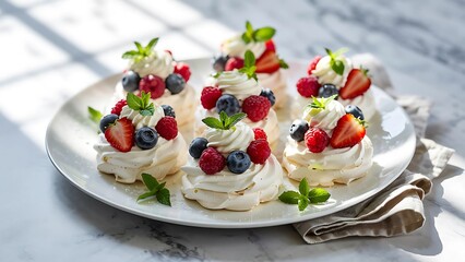 Homemade Mini Pavlova Topped with Fresh Berries and Powdered Sugar 