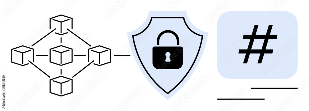 Poster blockchain network connected to a security shield with a lock and a metadata tag symbol. ideal for t