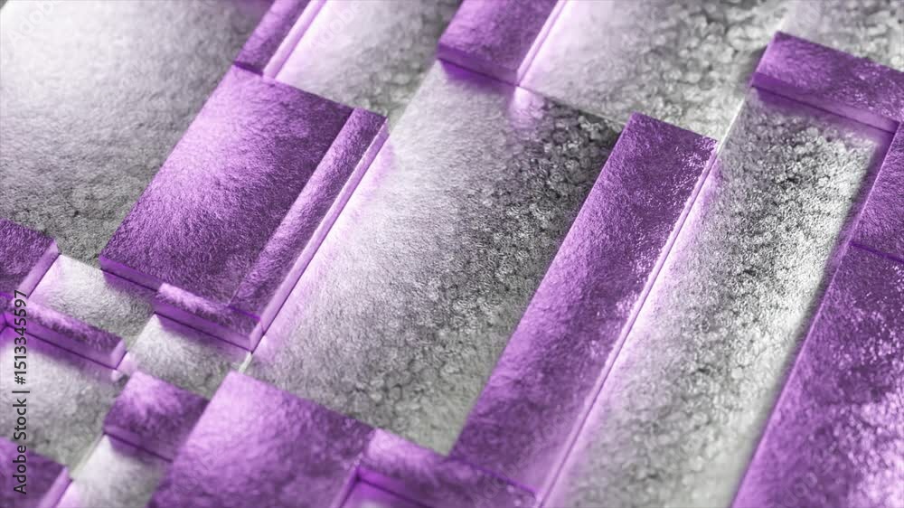 Poster metallic purple and silver rectangular cuboids rotating slowly, generating seamless geometric patter