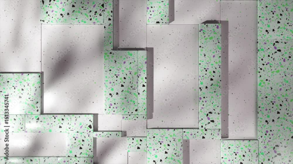 Poster geometric terrazzo cubes casting intricate shadows, creating mesmerizing abstract pattern with inter