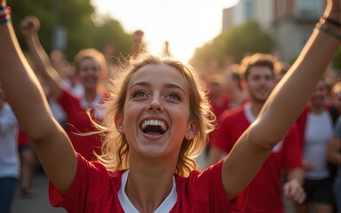 Cheerful sports fans have fun while celebrating on street during world football championship. High quality