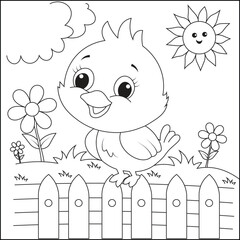 Cute Cartoon Bird on Fence Coloring Page for Kids