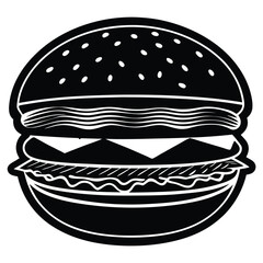 Black and White Double Burger Silhouette Illustration with Sesame Seed Buns and Layered Ingredients on White Background