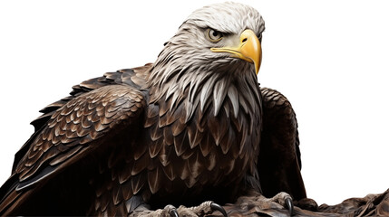 Bald eagle statue, majestic wood carving, patriotism symbol, USA national emblem, detailed textured art, isolated on transparent background.