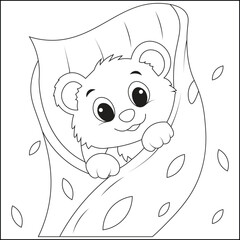 Cute Baby Bear in Leaf Line art Coloring Page for Kids